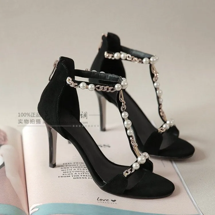 Beads Metal Decorate Open Toe Ankle Wrap Stiletto High Heels Sandals