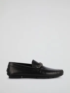 Black Chain Monogram Leather Loafers