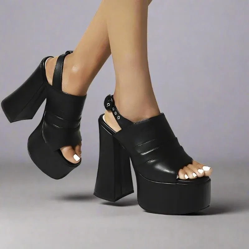 Black High Heel Slingbacks - Open Toe Platform Shoes for Women