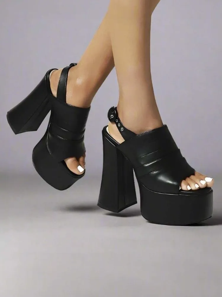 Black High Heel Slingbacks - Open Toe Platform Shoes for Women