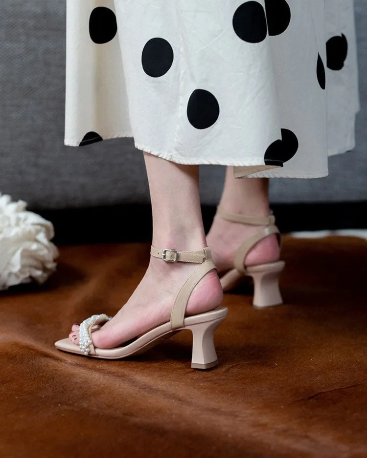 elveswallet Mid Heels Buckle Strap Pearls Sandals
