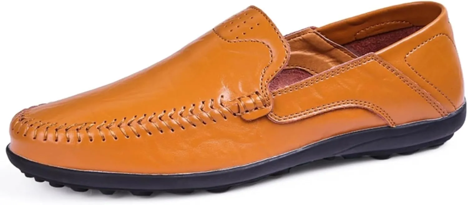 FOTN Mens Handmade Leather Slip-On Loafers Casual Round Toe Flat Penny Loafers Soft Breathable Driving Walking Boat Shoes (Yellow,6)
