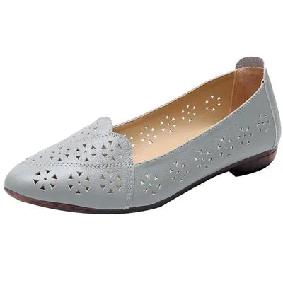 GKTINOO Breathable Genuine Leather Summer Shoes Woman 2021 Flat Heel Hollow Out Flats Slip On Shoes For Women Soft