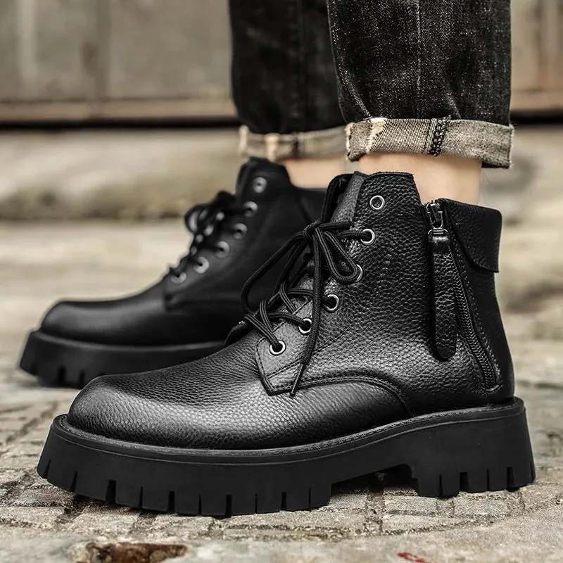 Hnzxzm Boots Men lace up Brand Comfortable Fashion Leather Men's Boots high top Leather High Quality British Men's ankle Boots