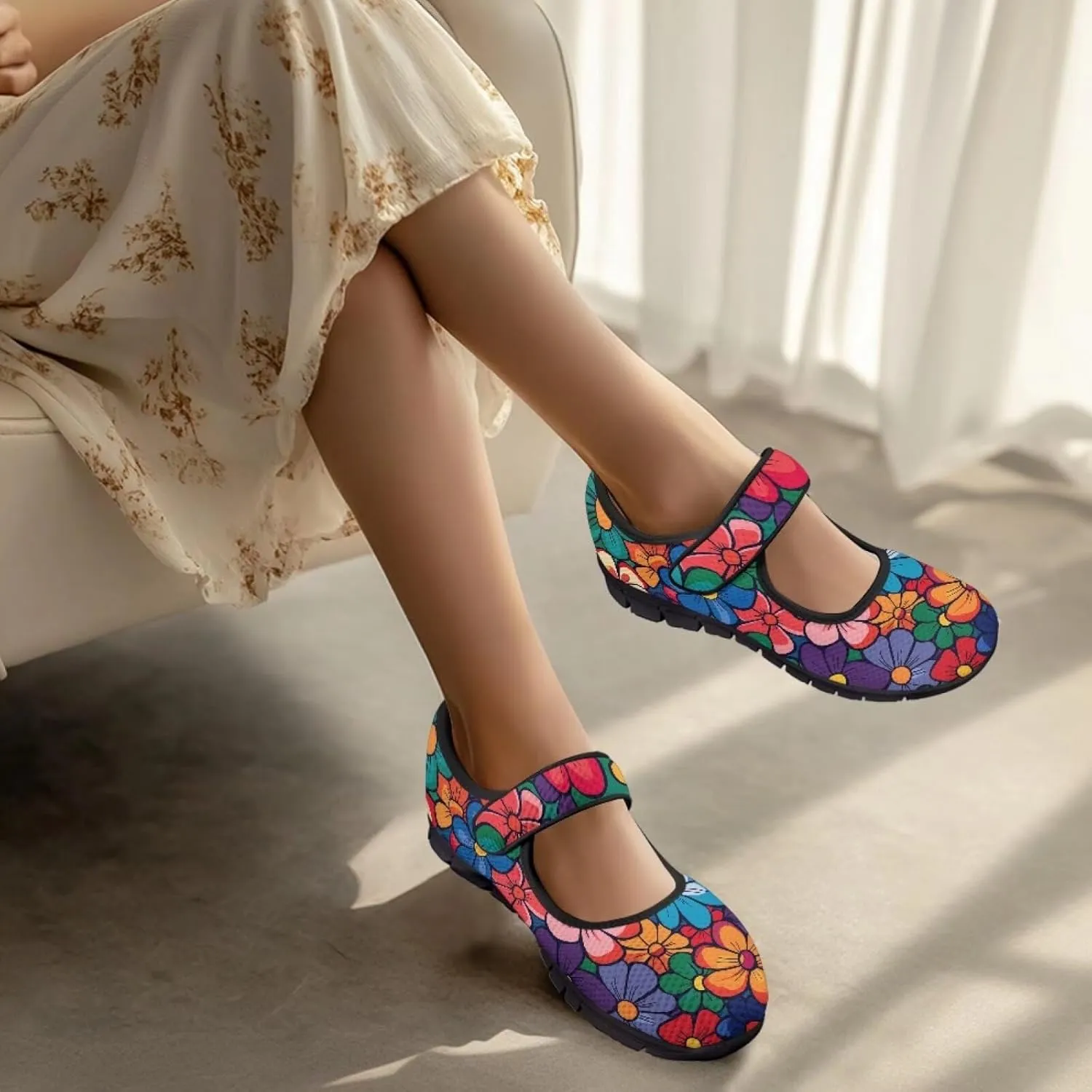 Jeiento Daisy Floral Casual Flats Mary Jane Flats for Women Comfortable Round Toe Slip On Flats