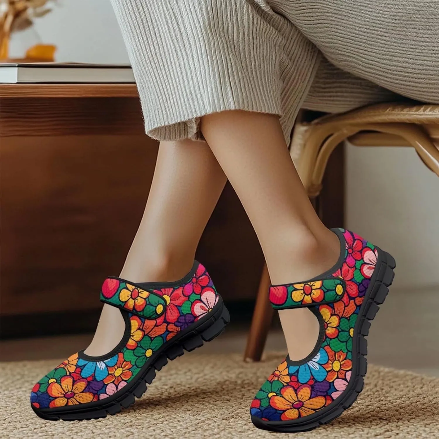 Jeiento Daisy Floral Casual Flats Mary Jane Flats for Women Comfortable Round Toe Slip On Flats