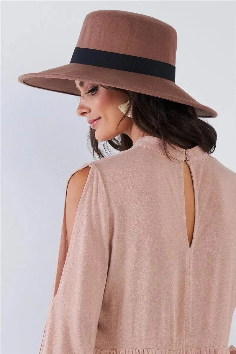Khaki Felt Wide Brim Hat With Black Ribbon Band /1 Piece