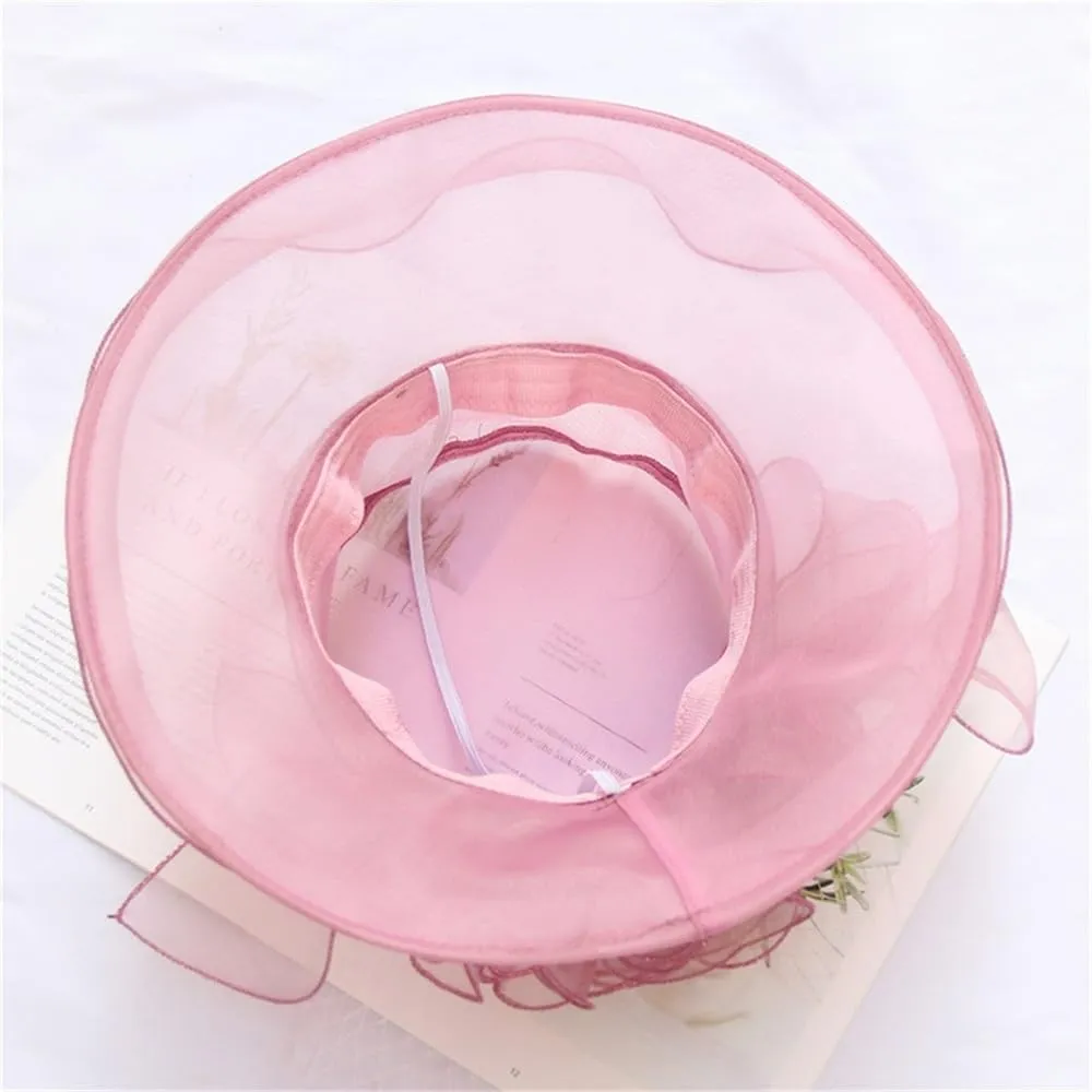 Ladies Elegant Organza Hat Women's Foldable Large Brim Beach Sandal Hat Mesh Bowler Hat Hats
