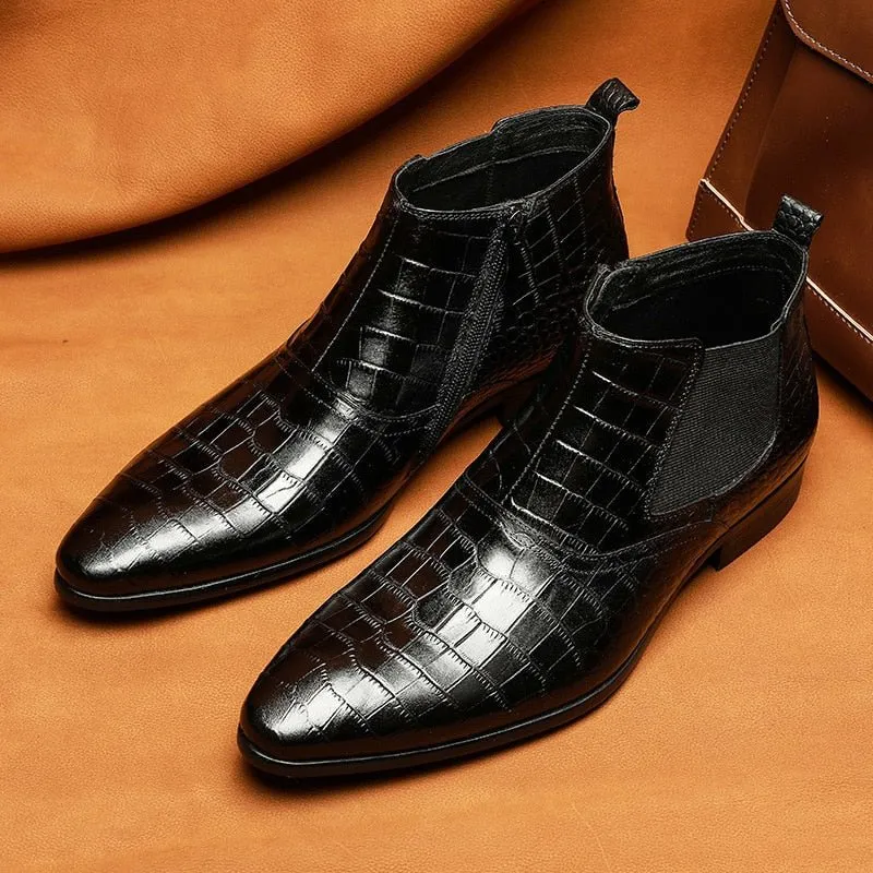 Men's Full Grain Cow Leather Crocodile Texture Ankle Boots