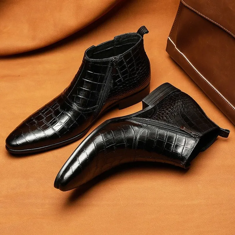 Men's Full Grain Cow Leather Crocodile Texture Ankle Boots