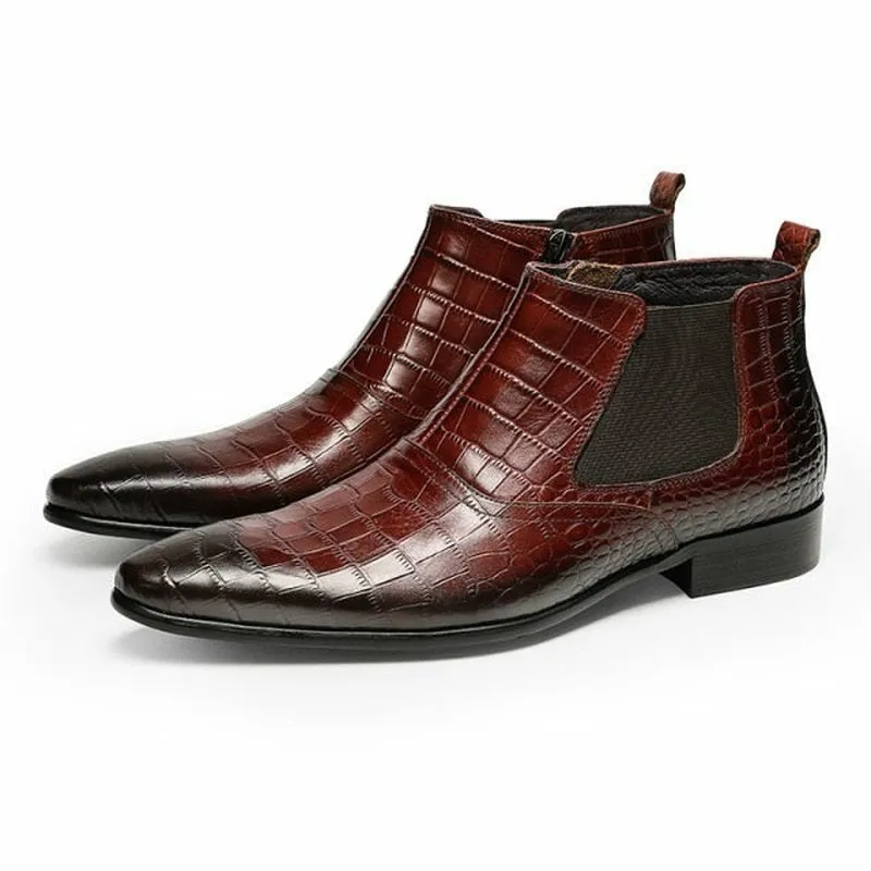 Men's Full Grain Cow Leather Crocodile Texture Ankle Boots