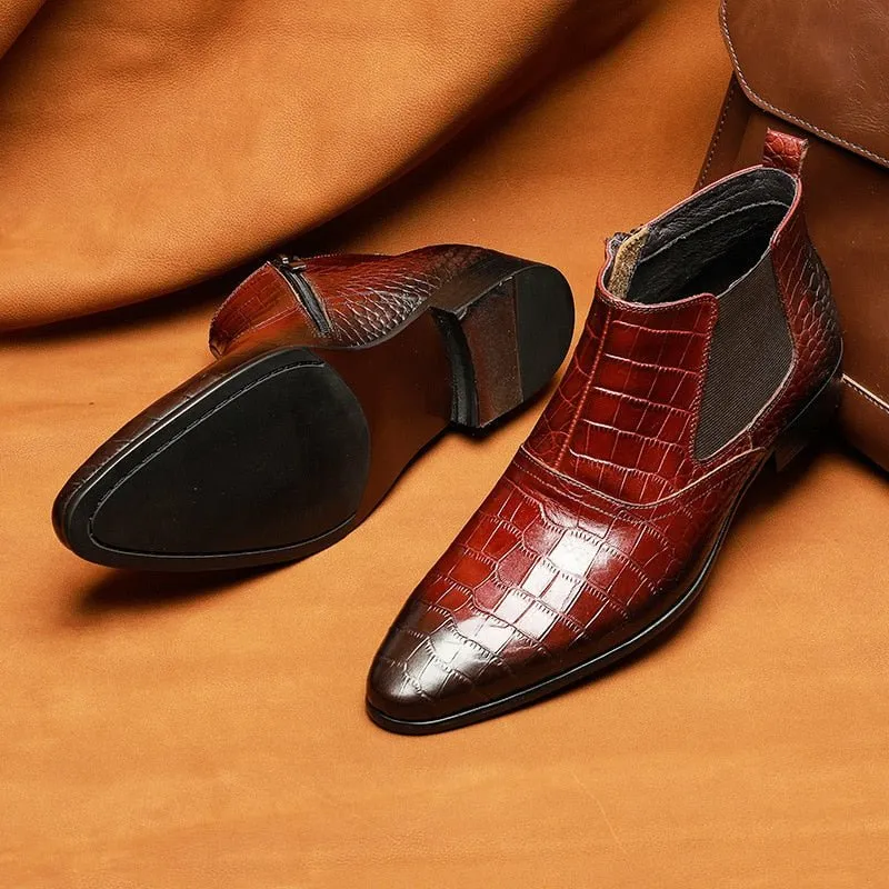 Men's Full Grain Cow Leather Crocodile Texture Ankle Boots