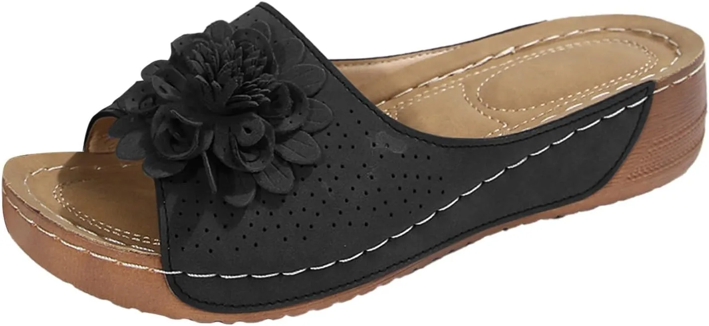 Orthopedic Sandals for Women 2025 Chic Flowers Arch Support Fish Mouth Open Toe Leather Slippers Wedge Platform Sandal