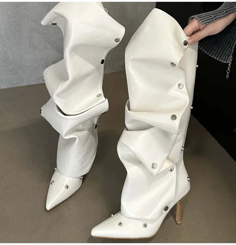 Rivet Button Pleated Knee-High Boots