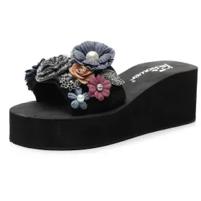 Slippers 3-6cm High Heel Womens Rhinestone Slippers Summer Sweet Flowers Seaside Beach Slippers Fashion Slope with Thick Bottom SandalsL464