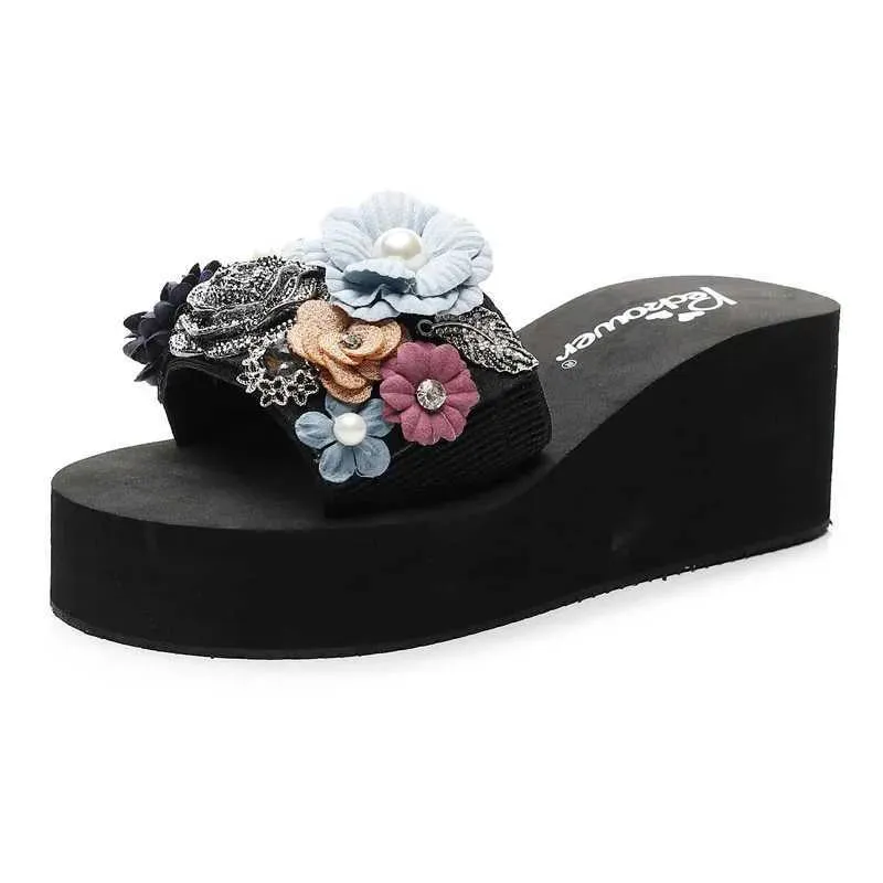 Slippers 3-6cm High Heel Womens Rhinestone Slippers Summer Sweet Flowers Seaside Beach Slippers Fashion Slope with Thick Bottom SandalsL464