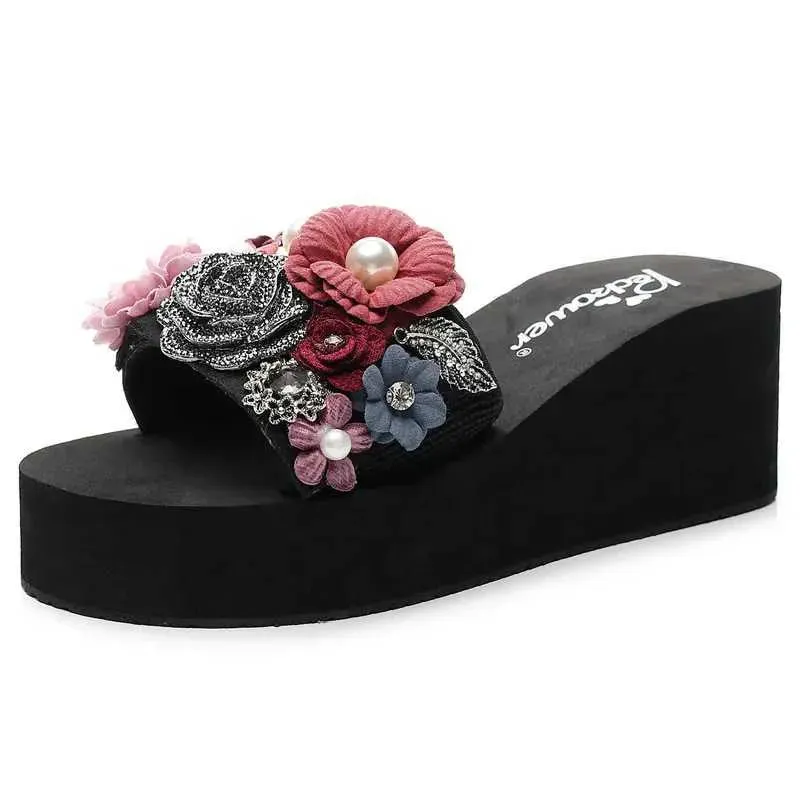 Slippers 3-6cm High Heel Womens Rhinestone Slippers Summer Sweet Flowers Seaside Beach Slippers Fashion Slope with Thick Bottom SandalsL464