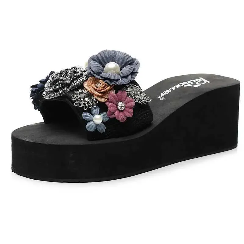 Slippers 3-6cm High Heel Womens Rhinestone Slippers Summer Sweet Flowers Seaside Beach Slippers Fashion Slope with Thick Bottom SandalsL464