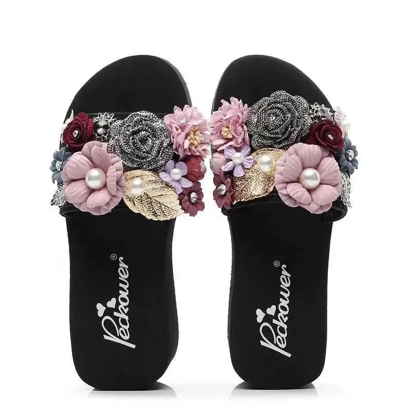 Slippers 3-6cm High Heel Womens Rhinestone Slippers Summer Sweet Flowers Seaside Beach Slippers Fashion Slope with Thick Bottom SandalsL464