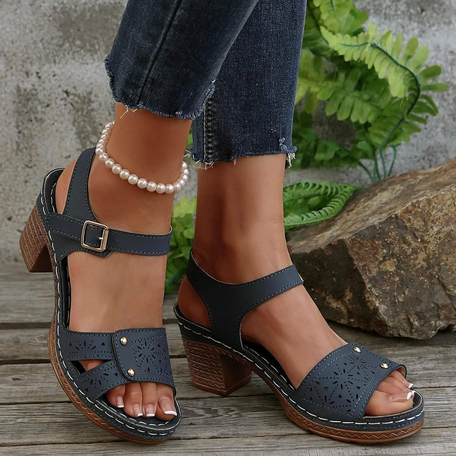 Summer Sandals for Women Dressy Casual Beach Sandals Solid Flowers Buckle Strap Chunky Low Heel Sandal Comfortable Walking Wedges with Adjustable Hook Loop Ladies Casual Platform Shoes
