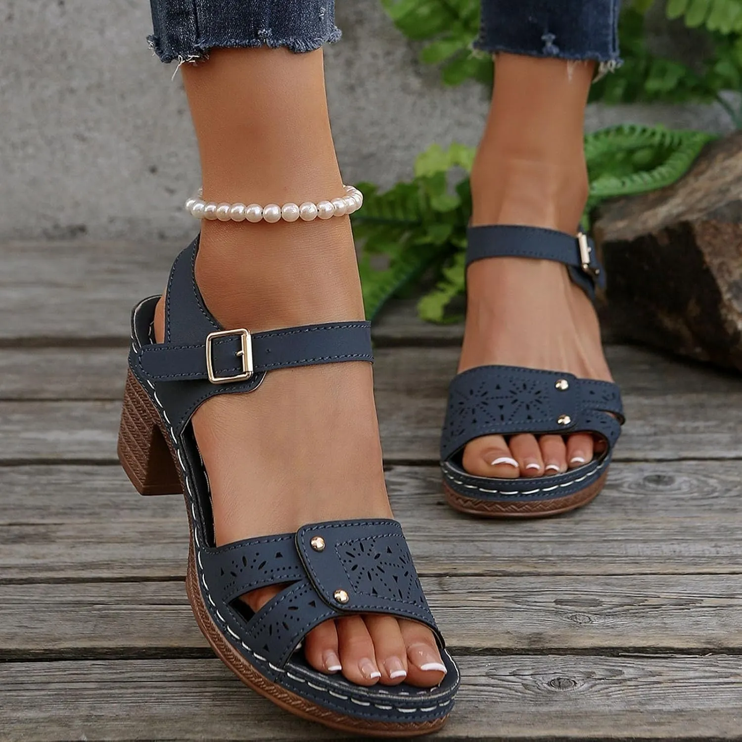 Summer Sandals for Women Dressy Casual Beach Sandals Solid Flowers Buckle Strap Chunky Low Heel Sandal Comfortable Walking Wedges with Adjustable Hook Loop Ladies Casual Platform Shoes