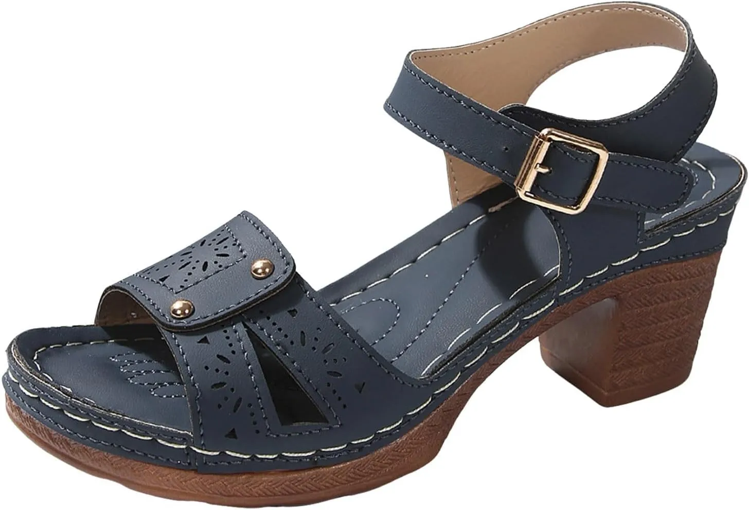 Summer Sandals for Women Dressy Casual Beach Sandals Solid Flowers Buckle Strap Chunky Low Heel Sandal Comfortable Walking Wedges with Adjustable Hook Loop Ladies Casual Platform Shoes