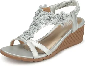 TEMOFON Women's Low Wedge Heels Summer Dressy Platform Sandals Elastic Ankle Strap Open Toe Flower Shoes