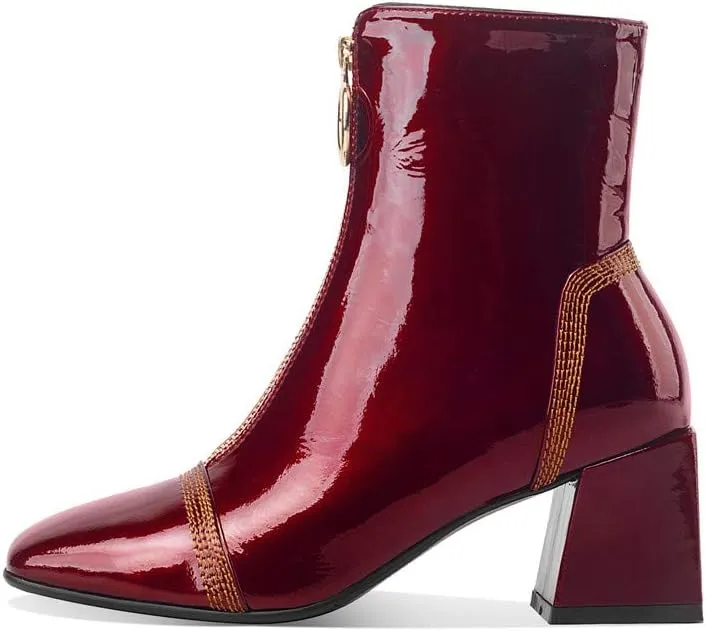 TinaCus Women's Patent Leather Square Toe Handmade Front Zipper Mid Chunky Heels Trendy Ankle Boots