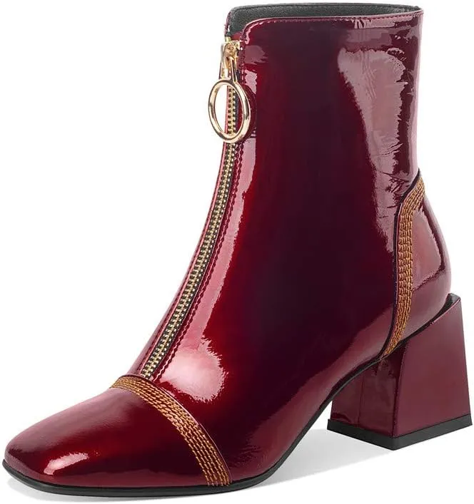 TinaCus Women's Patent Leather Square Toe Handmade Front Zipper Mid Chunky Heels Trendy Ankle Boots