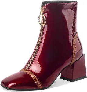 TinaCus Women's Patent Leather Square Toe Handmade Front Zipper Mid Chunky Heels Trendy Ankle Boots