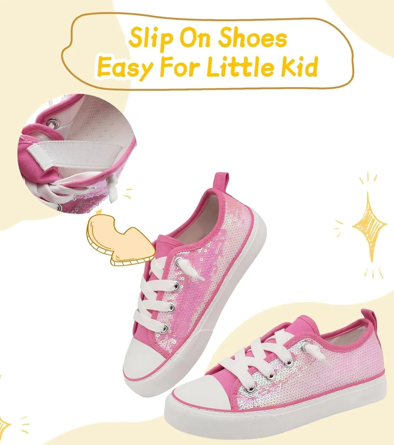 Toddler Kids Canvas Sneakers Sparkle Glitter Sequins Shoes Slip On Soft and Durable