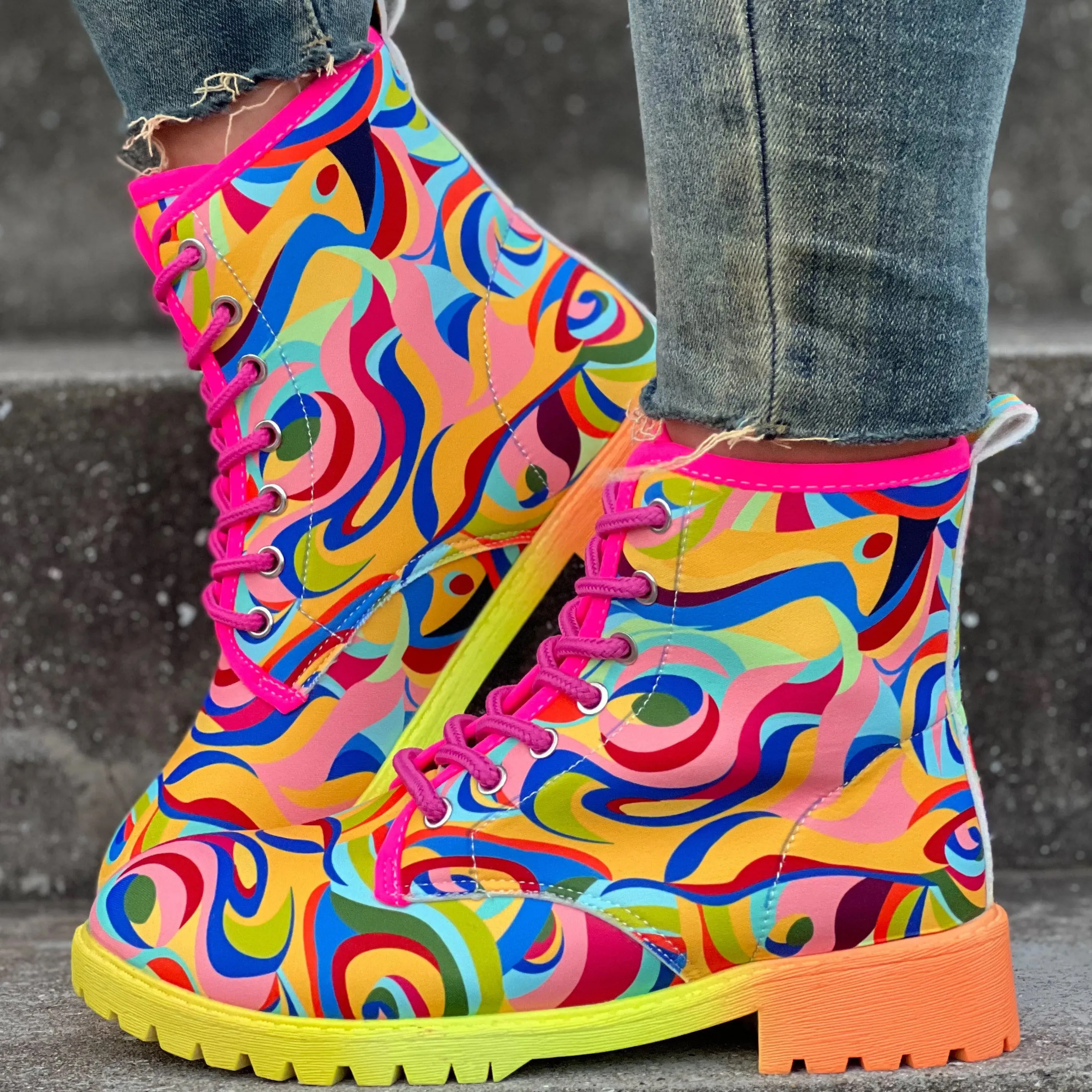 Women's Abstract Color Chunky Heel Boots, Fashion Lace Up Short Boots, Comfortable Ankle Booties