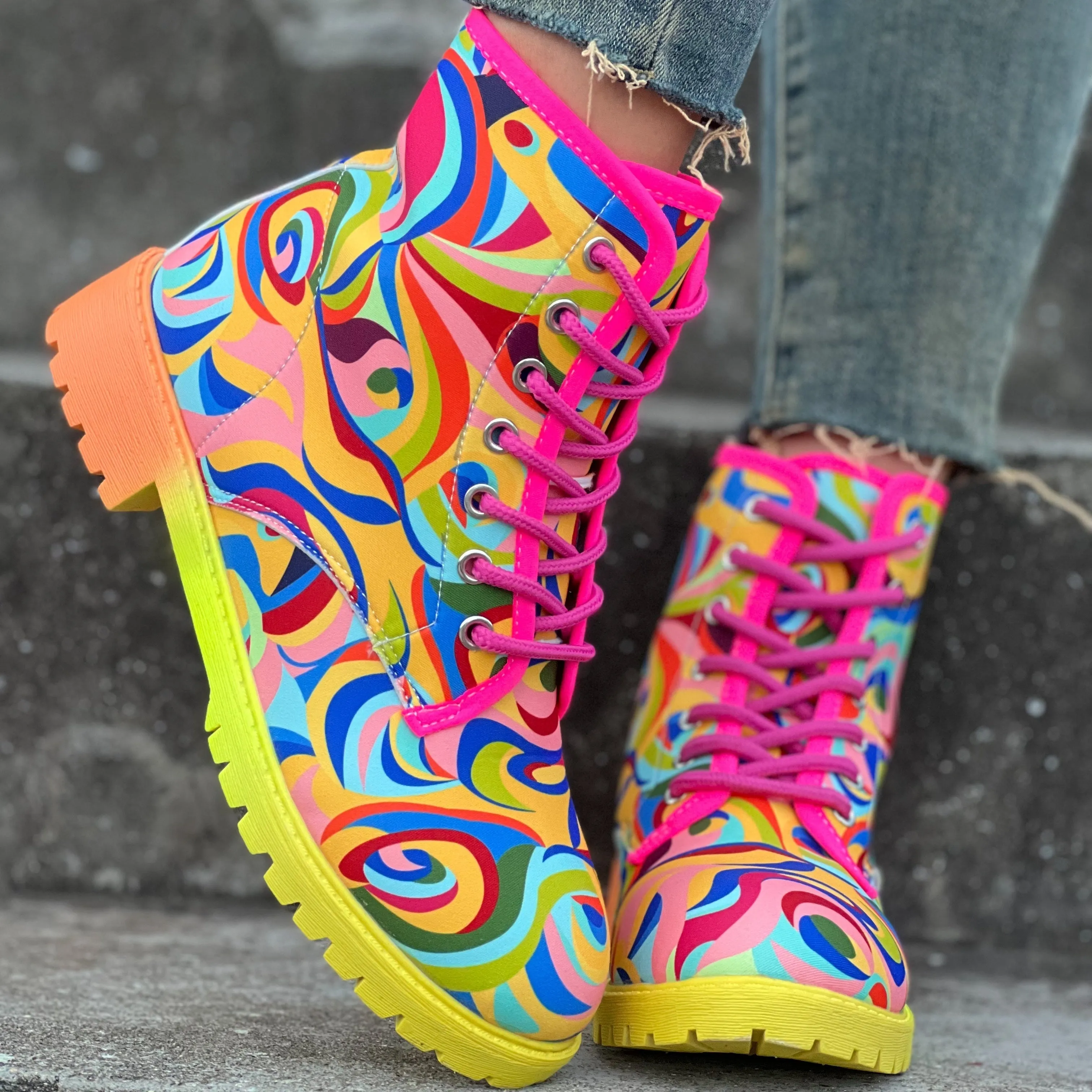 Women's Abstract Color Chunky Heel Boots, Fashion Lace Up Short Boots, Comfortable Ankle Booties