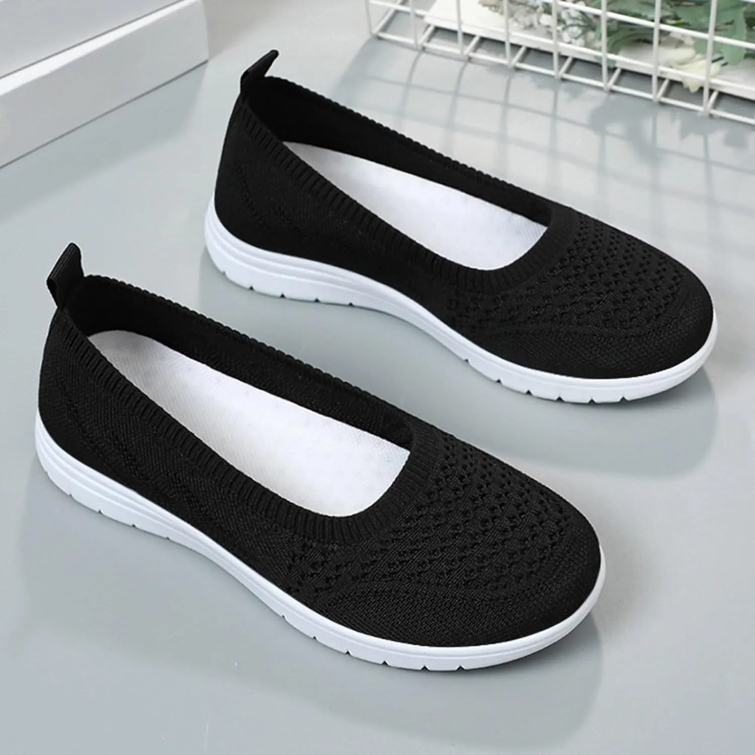 Womens Flats Slip On Go Summer Knit Walking Shoes Breathable Soft Mesh Loafers Athletic Ballet Flats Classic Dress Shoes