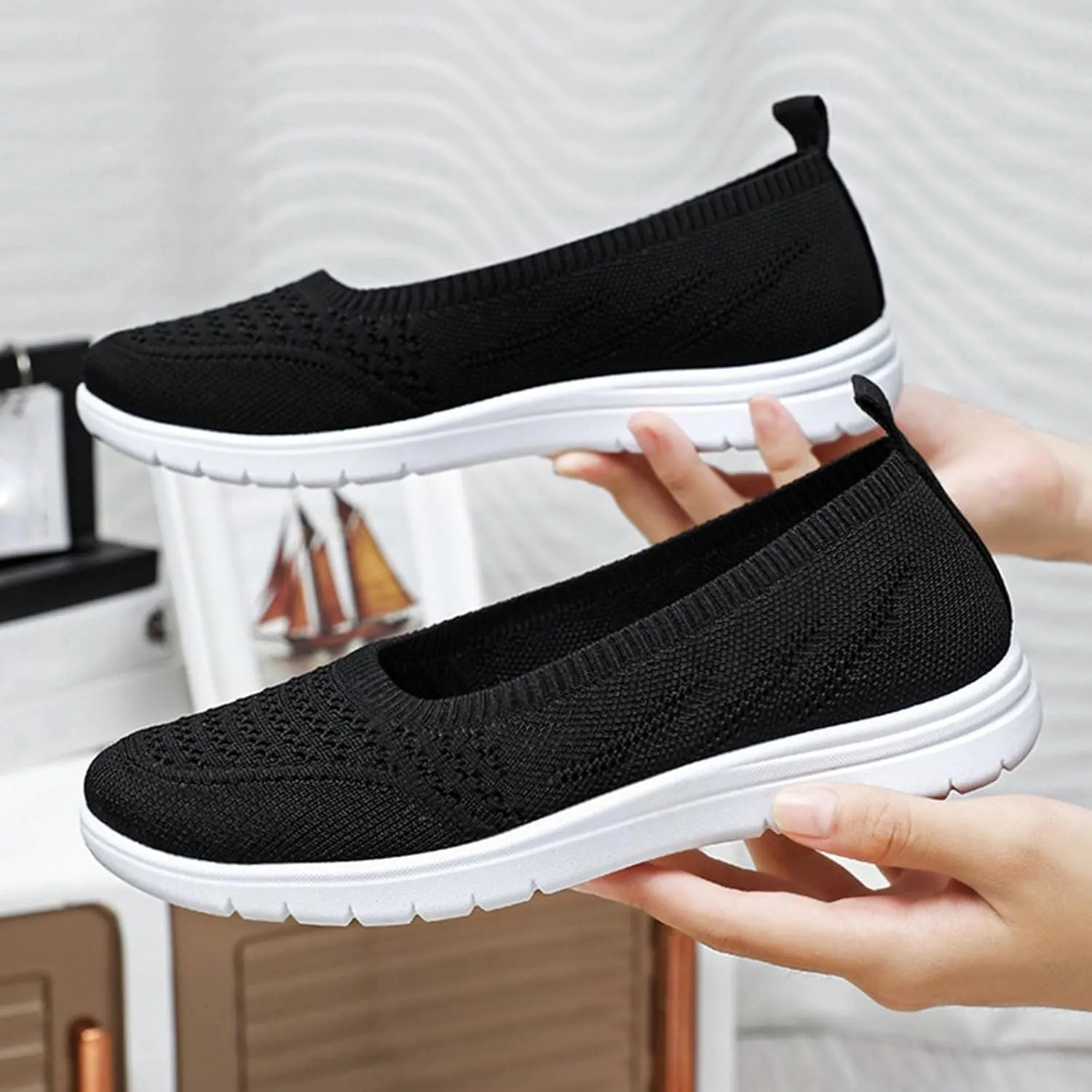Womens Flats Slip On Go Summer Knit Walking Shoes Breathable Soft Mesh Loafers Athletic Ballet Flats Classic Dress Shoes