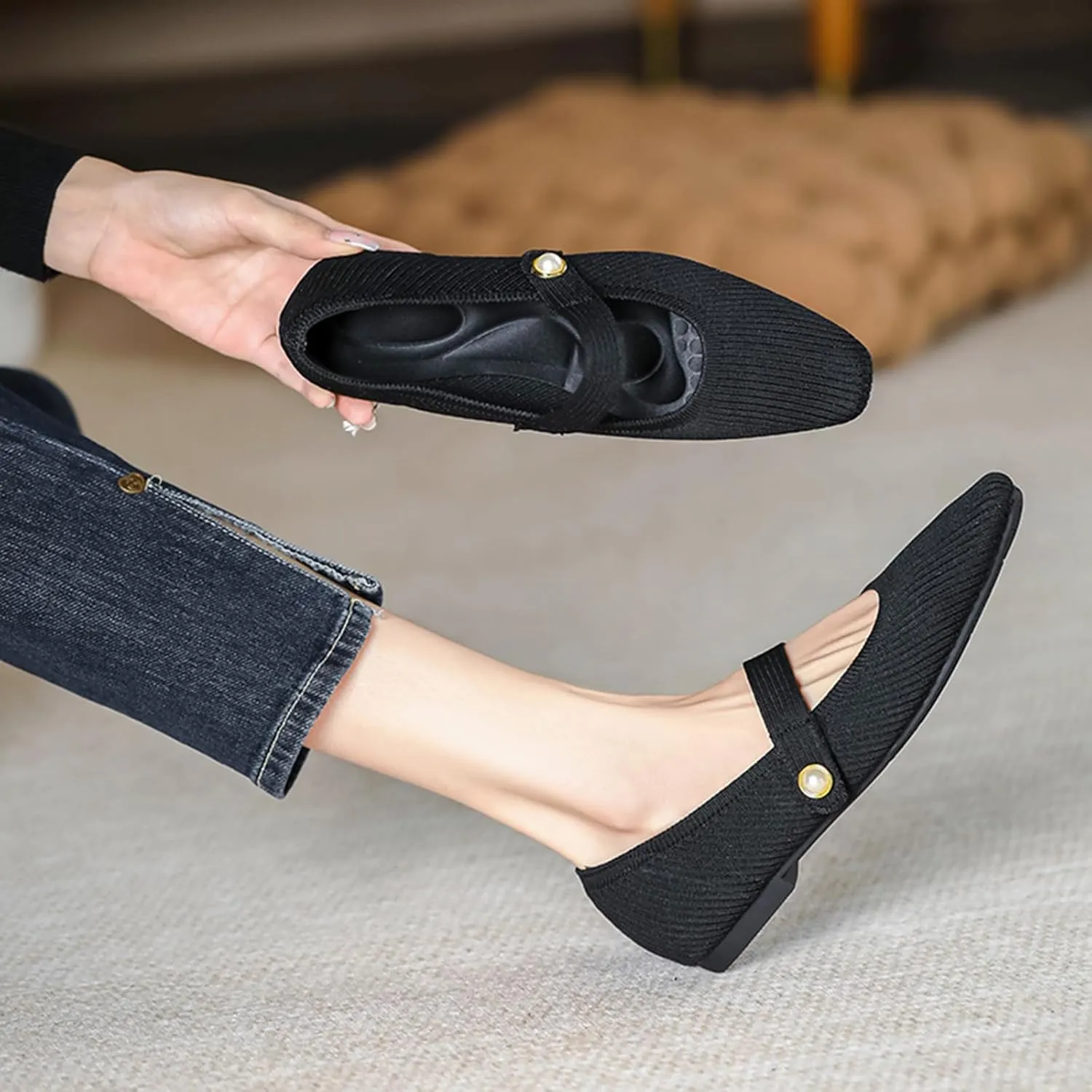 Women's Knit Mary Jane Flats - Lightweight Breathable Slip-On Flats with Adjustable Hook Loop, Pointed Toe Dressy Casual Shoes for Women Machine Washable