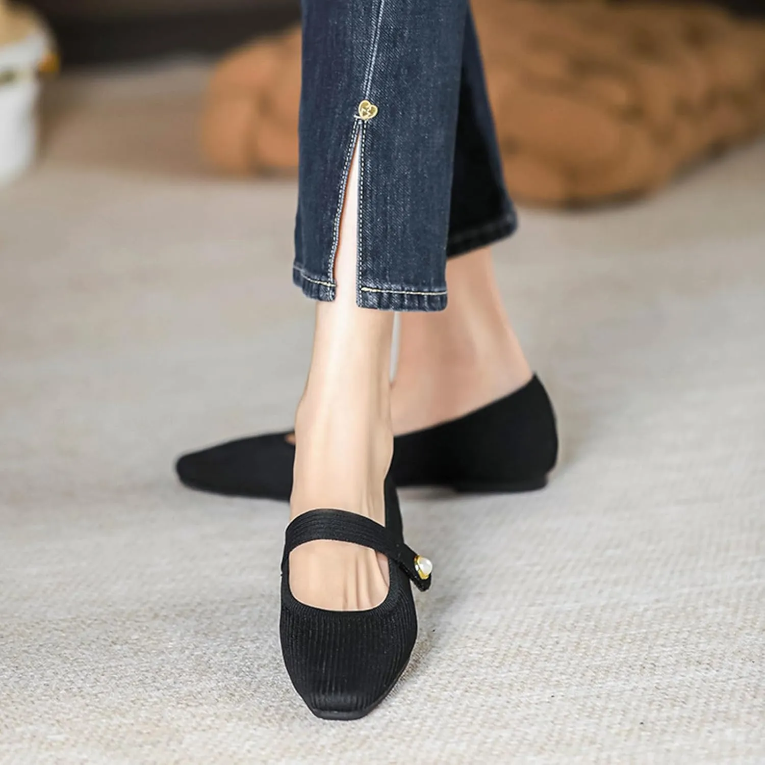 Women's Knit Mary Jane Flats - Lightweight Breathable Slip-On Flats with Adjustable Hook Loop, Pointed Toe Dressy Casual Shoes for Women Machine Washable