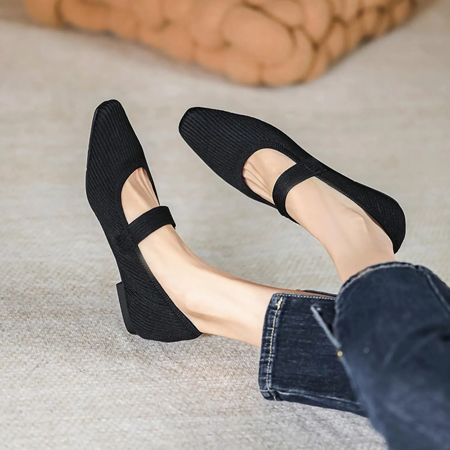Women's Knit Mary Jane Flats - Lightweight Breathable Slip-On Flats with Adjustable Hook Loop, Pointed Toe Dressy Casual Shoes for Women Machine Washable