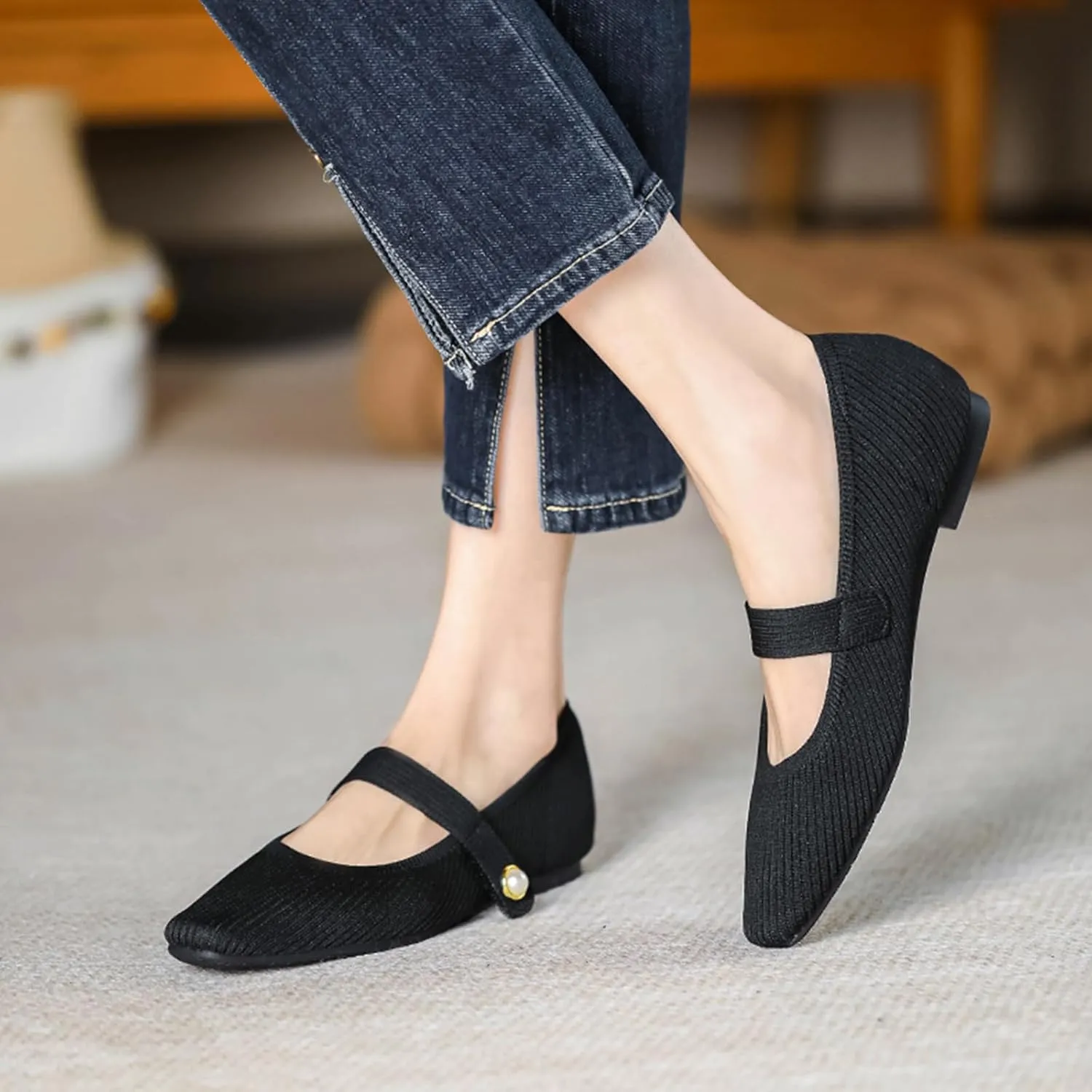 Women's Knit Mary Jane Flats - Lightweight Breathable Slip-On Flats with Adjustable Hook Loop, Pointed Toe Dressy Casual Shoes for Women Machine Washable