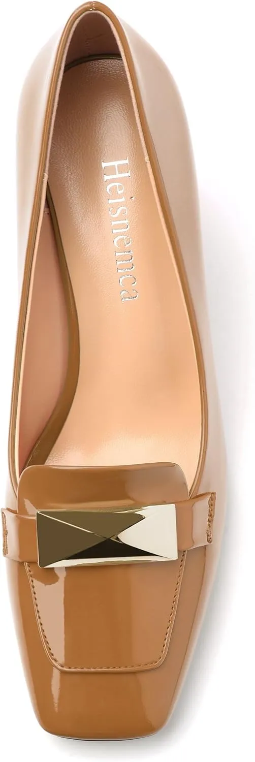 Womens Mid high Heels,Metal Buckle Patent Square Toe Pumps,Slip-on Loafers,Office Classic Casual Shoes 2.5IN