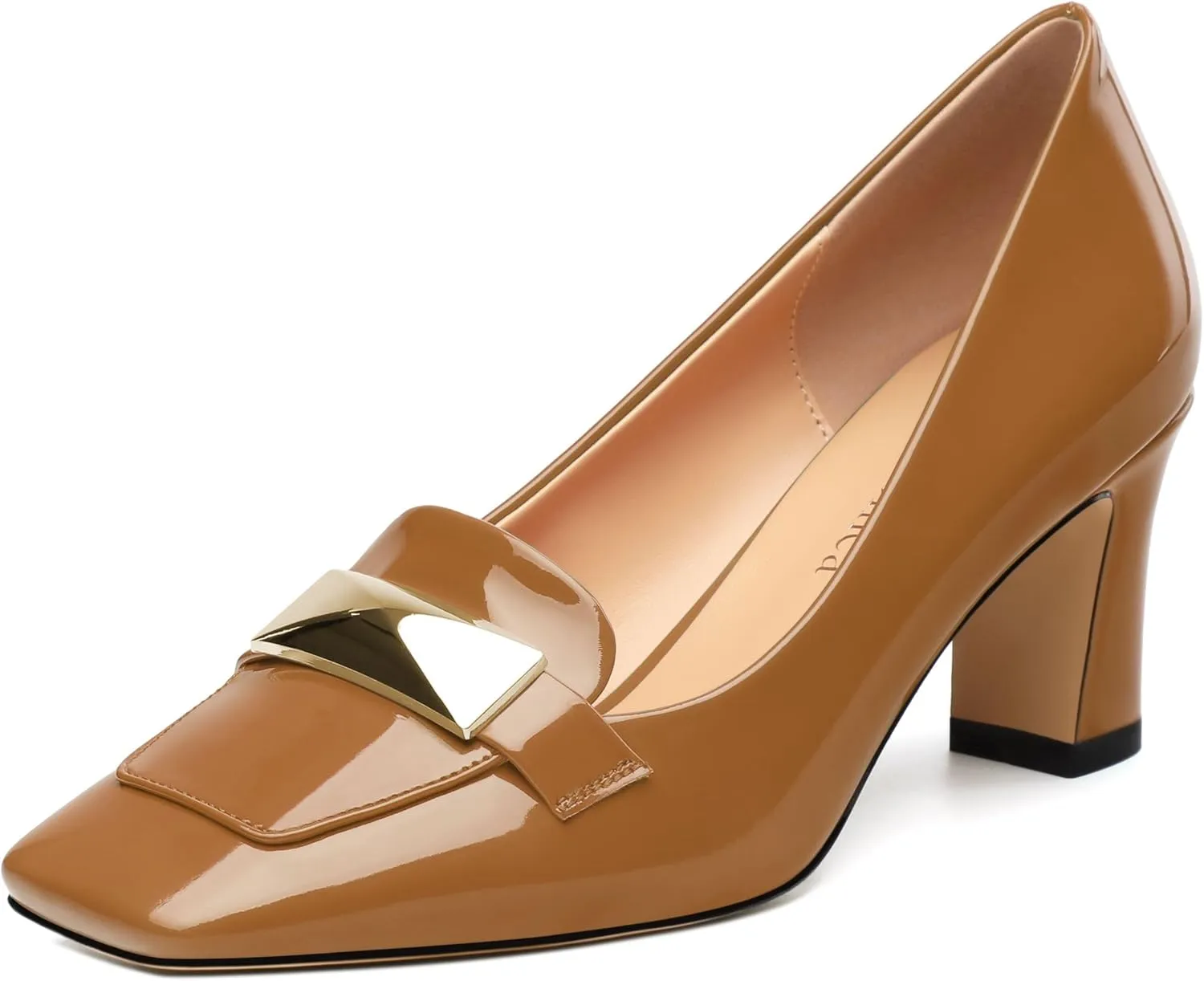 Womens Mid high Heels,Metal Buckle Patent Square Toe Pumps,Slip-on Loafers,Office Classic Casual Shoes 2.5IN