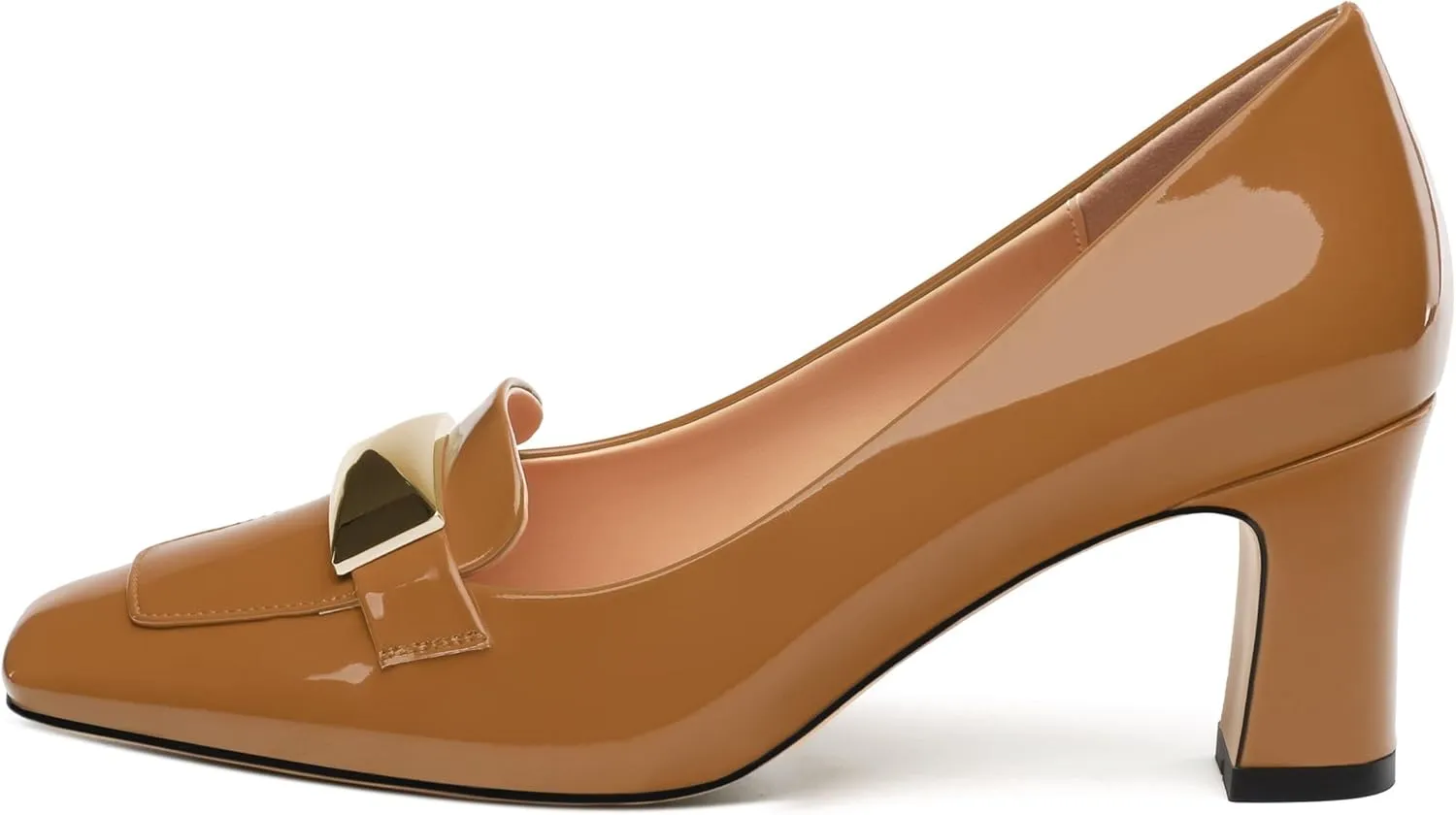 Womens Mid high Heels,Metal Buckle Patent Square Toe Pumps,Slip-on Loafers,Office Classic Casual Shoes 2.5IN