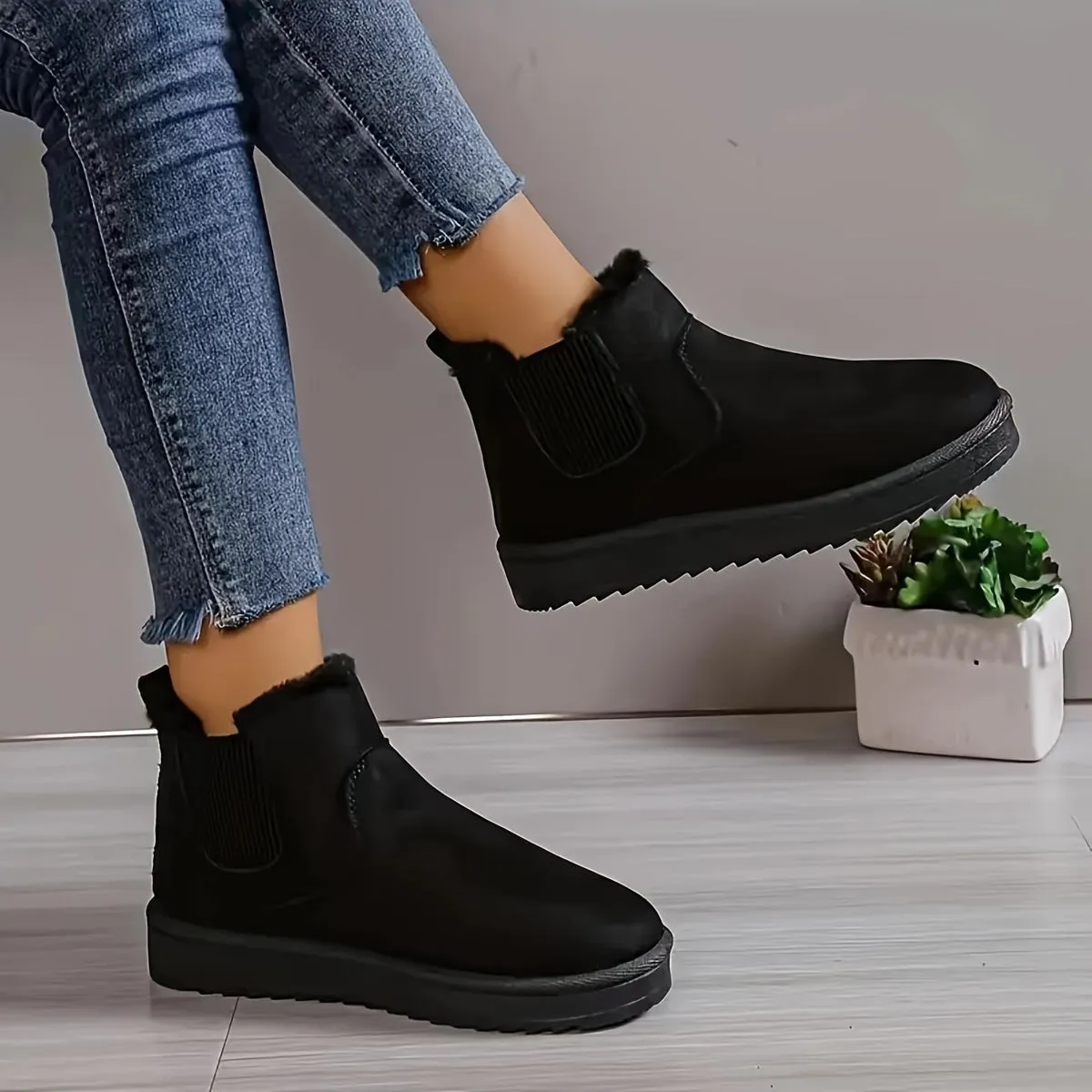 Women's Solid Color Short Boots, Casual Slip On Plush Lined Ankle Boots, Comfortable Winter Boots