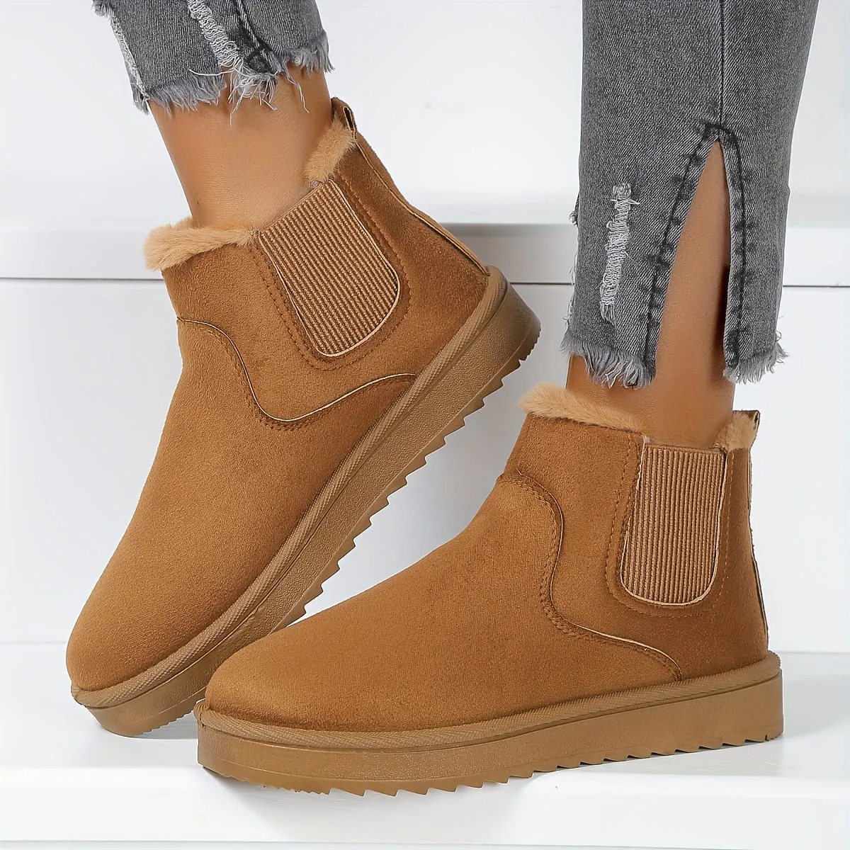 Women's Solid Color Short Boots, Casual Slip On Plush Lined Ankle Boots, Comfortable Winter Boots