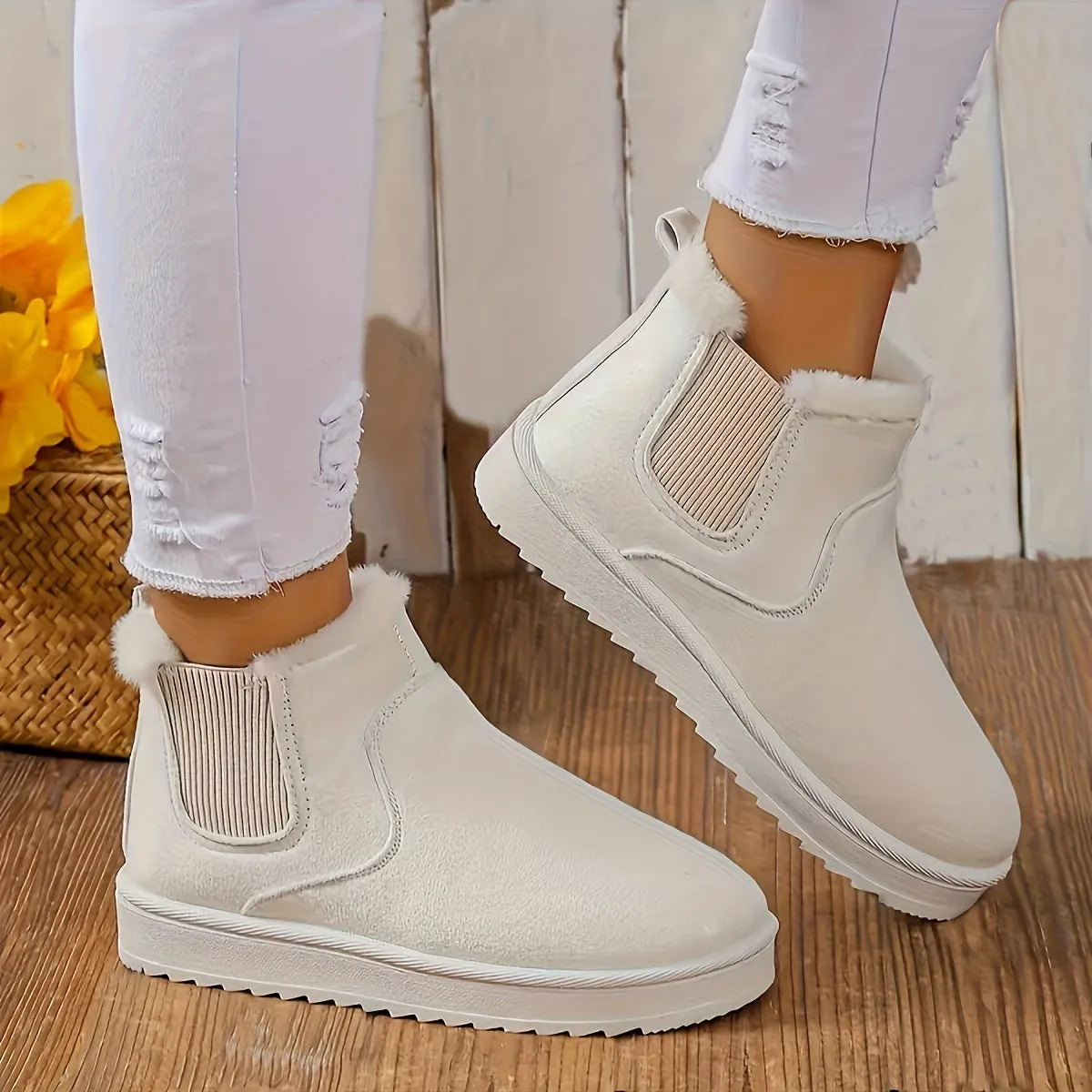 Women's Solid Color Short Boots, Casual Slip On Plush Lined Ankle Boots, Comfortable Winter Boots