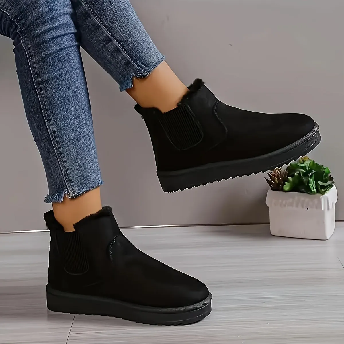 Women's Solid Color Short Boots, Casual Slip On Plush Lined Ankle Boots, Comfortable Winter Boots