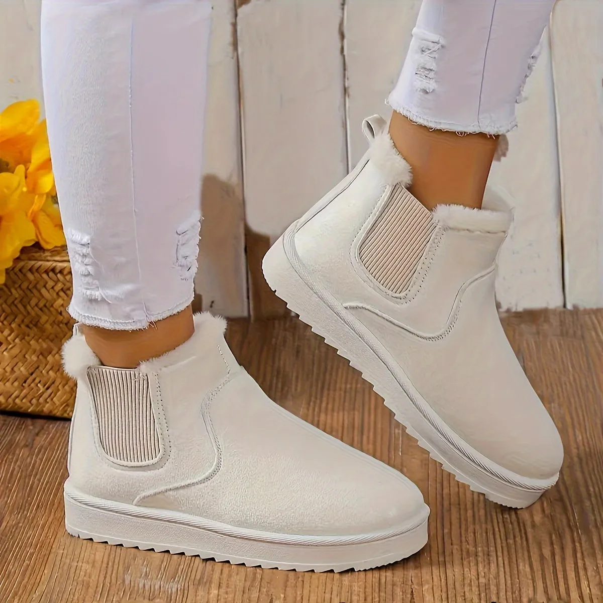 Women's Solid Color Short Boots, Casual Slip On Plush Lined Ankle Boots, Comfortable Winter Boots