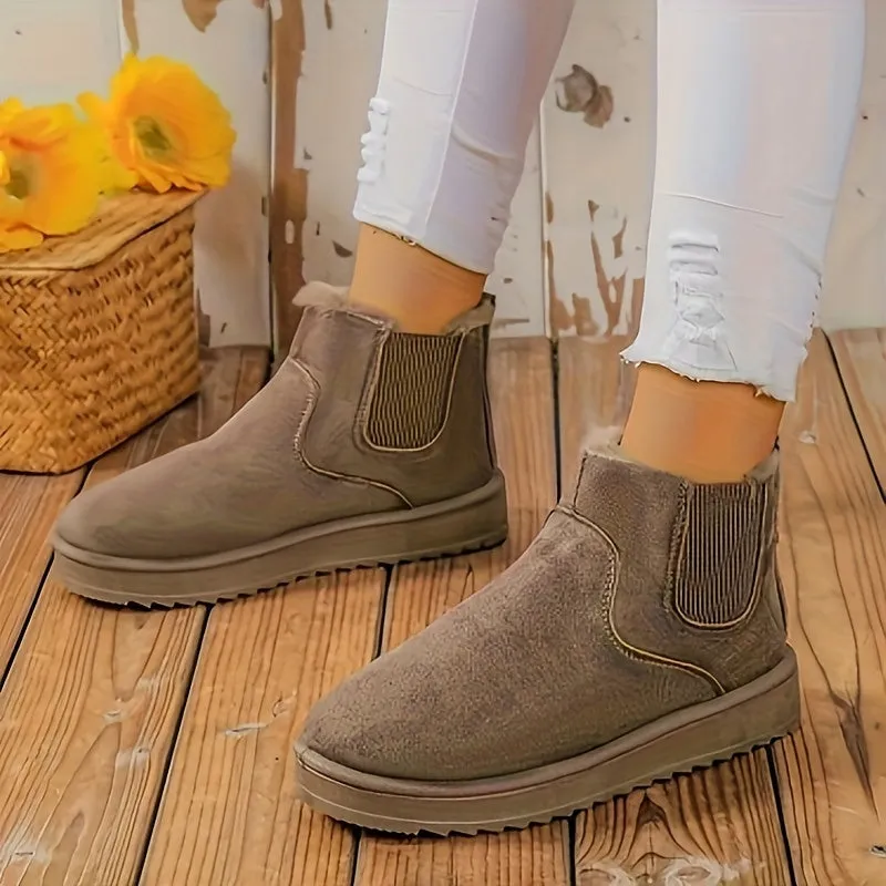 Women's Solid Color Short Boots, Casual Slip On Plush Lined Ankle Boots, Comfortable Winter Boots