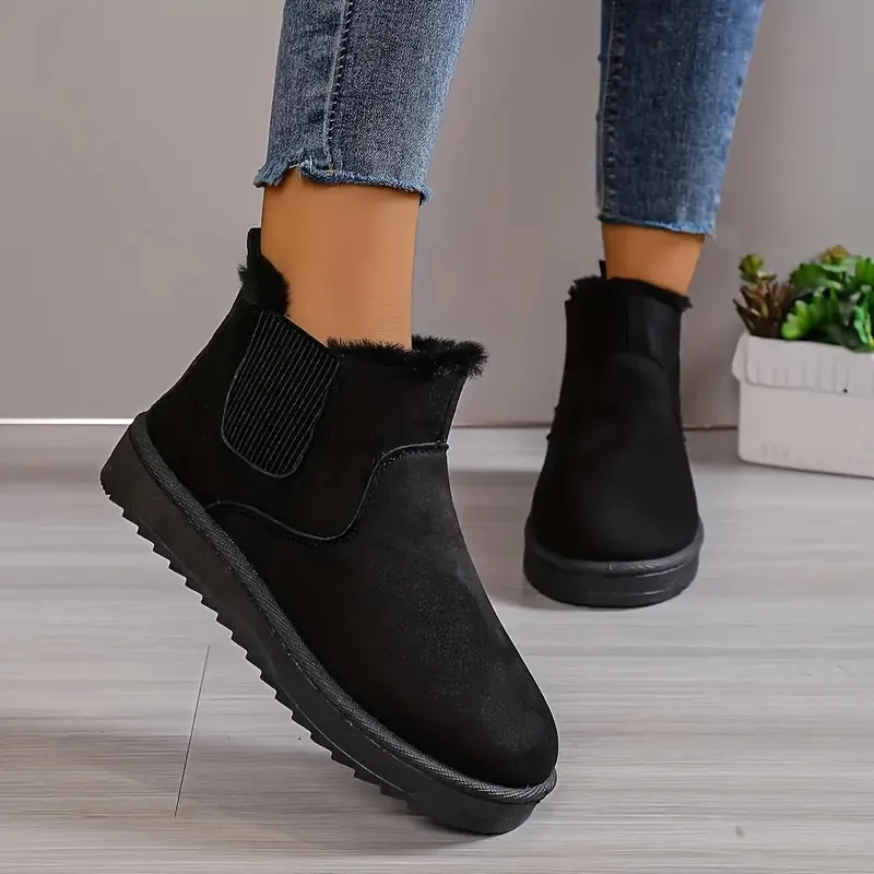 Women's Solid Color Short Boots, Casual Slip On Plush Lined Ankle Boots, Comfortable Winter Boots