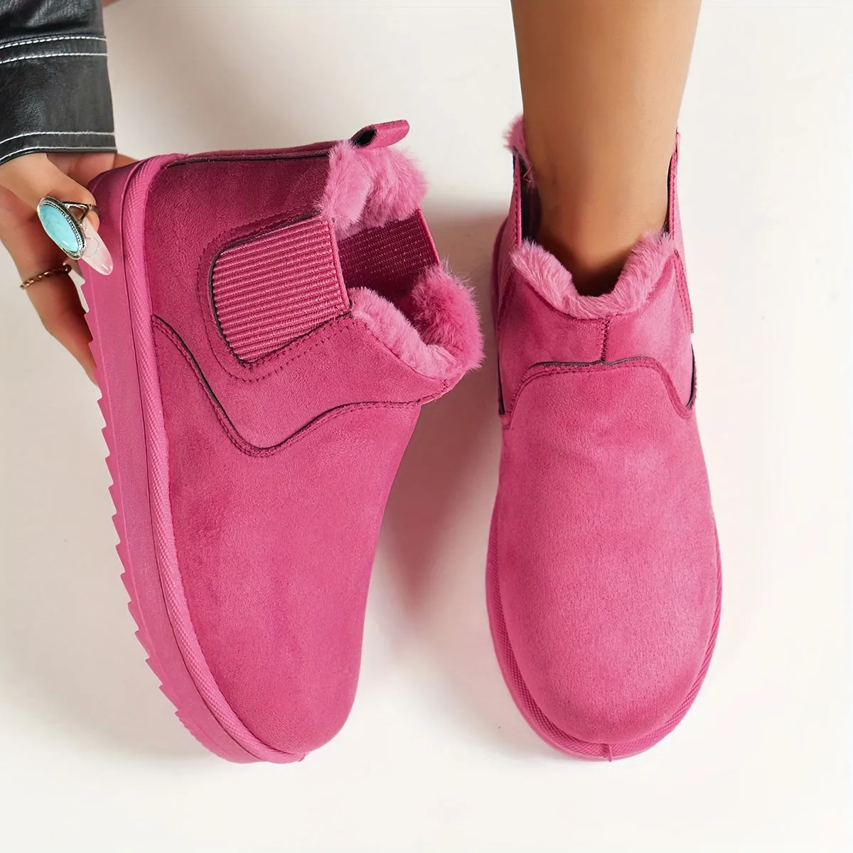 Women's Solid Color Short Boots, Casual Slip On Plush Lined Ankle Boots, Comfortable Winter Boots